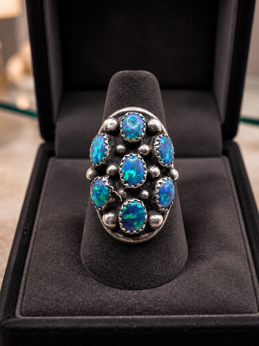 Size 5.5 Vintage Navajo Sterling Silver Blue Opal Cluster Ring